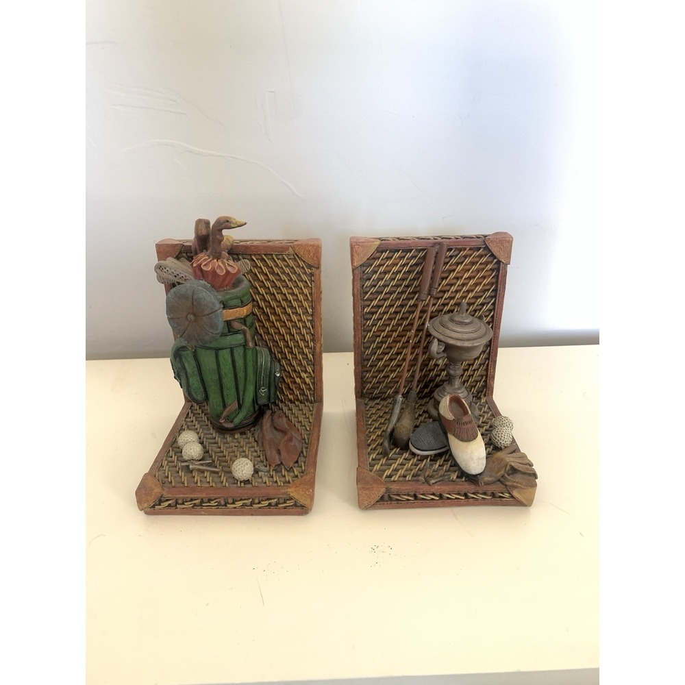 VTG Golf Bookends 3D Resin Faux Wicker Golf Bag Clubs Trophy Country Club Decor
